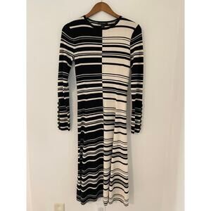 St John Collection Graphic Stripe 100% Wool Long Sleeve Maxi Dress Black Beige S